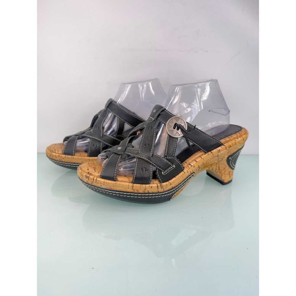 Sonora Sandals Mule Heels Sz 9 Black Leather Cork Boho‎ Western Y2K Rustic Indie